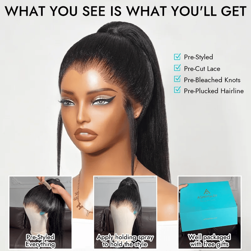 Pre-Styled Widows Peak Ponytail Wig Invisi Strap 360 Lace Wig Glueless Human Hair Yaki Straight Wigs