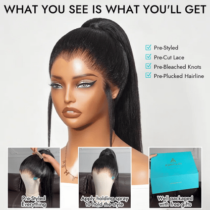 Pre-Styled Widows Peak Ponytail Wig Invisi Strap 360 Lace Wig Glueless Human Hair Yaki Straight Wigs