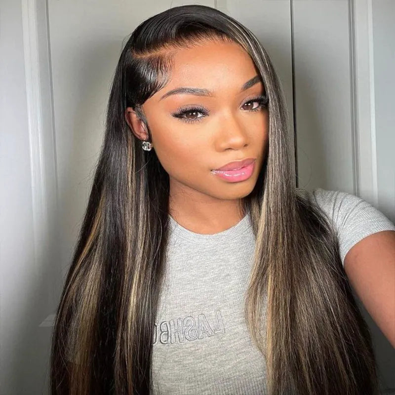 Pull Go 13x4 Lace Wig Blonde Highlights with Black Roots Yaki Straight Hair Pre-Cut Layered Optional Silk Press Golden Twilight Lace Wig