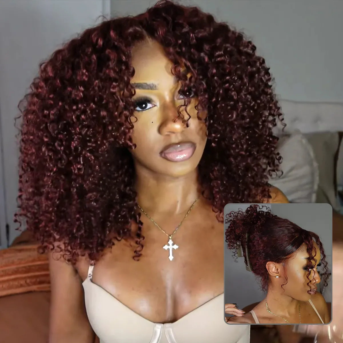 Reddish Brown Curly Wig 360 Melting Lace Frontal Invisi Strap Glueless Human Hair