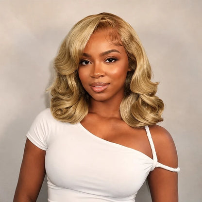 Honey Blonde Glueless Pre-Styled Short Bob Body Wave Wig Pre-Everything Salon Free Human Hair Wig