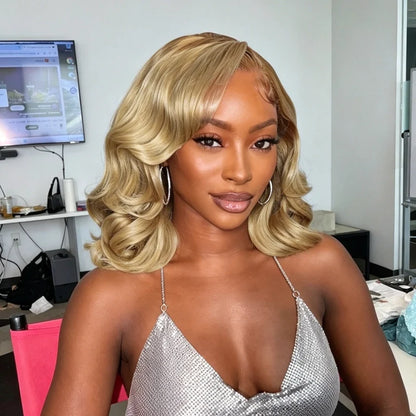 Honey Blonde Glueless Pre-Styled Short Bob Body Wave Wig Pre-Everything Salon Free Human Hair Wig