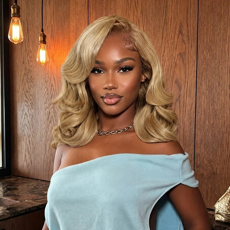 Honey Blonde Glueless Pre-Styled Short Bob Body Wave Wig Pre-Everything Salon Free Human Hair Wig