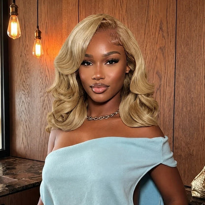 Honey Blonde Glueless Pre-Styled Short Bob Body Wave Wig Pre-Everything Salon Free Human Hair Wig