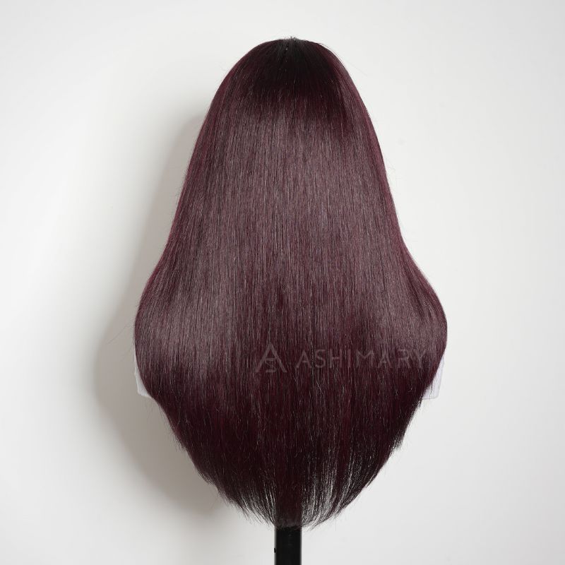 Dark Plum Color Straight Glueless Invisi Strap 360 Lace Frontal Wigs Tight & Neat Pre-Cut layered Optional
