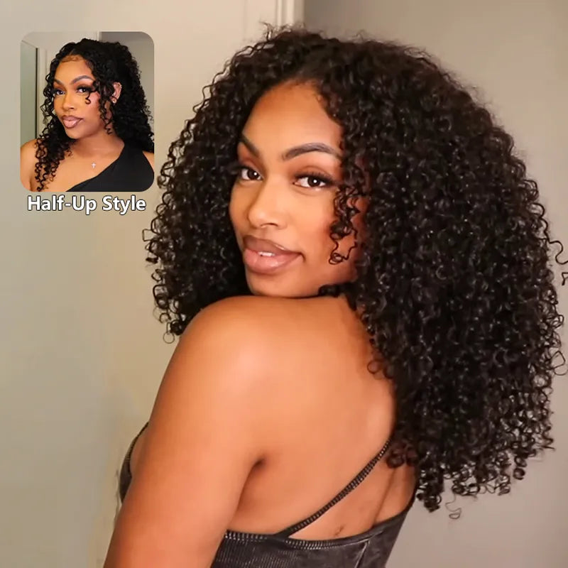 Pull Go Wig | 10A Glueless V Part Wig Beginner Friendly Natural Scalp Thick Curl Human Hair Upgrade U part Wig