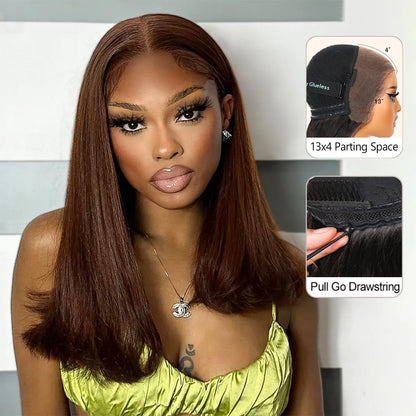 Pull Go 13x4 Lace Bob Wig Rich Brown Yaki Straight Lace Frontal Wig Silk Press Glueless Hair