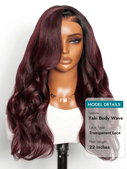 Rich Dark Plum Light Yaki Body Wave 7x5 Lace StayLock™ Snug Fit Glueless Wig Layered Human Hair