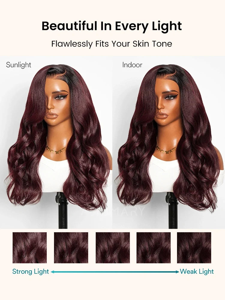 Rich Dark Plum Light Yaki Body Wave 7x5 Lace StayLock™ Snug Fit Glueless Wig Layered Human Hair