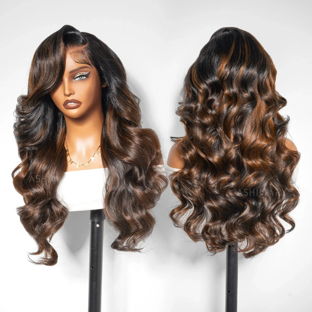 $100 OFF Balayage Brown Highlight Peacock Curls 13x6 Full Lace Wig Glueless Pull & Go Pre-Styled with Heavy Layers