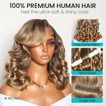 Balayage Honey Brown Highlight Pre-Styled Bouncy Body Wave Ready To Go Glueless Layer Wavy Bob Wig With Baby Hair
