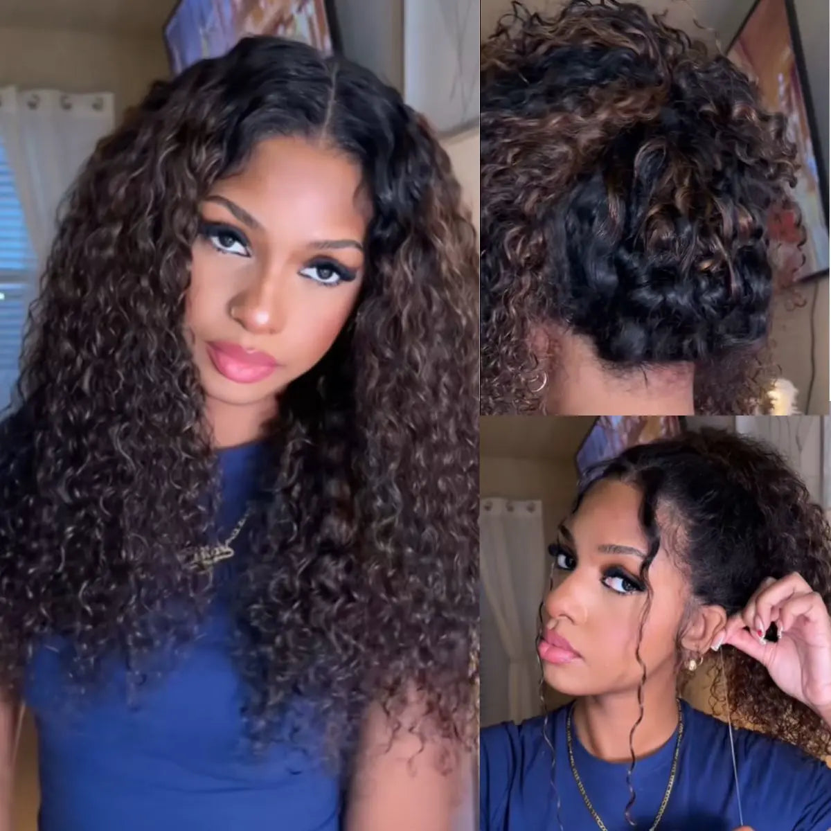[US 24H Ship] Water Wave 360 Lace Frontal Wig with Invisi Strap Brown Balayage Highlight Adjustable Fit Pre-Bleached and Pre-Cut Skin Lace