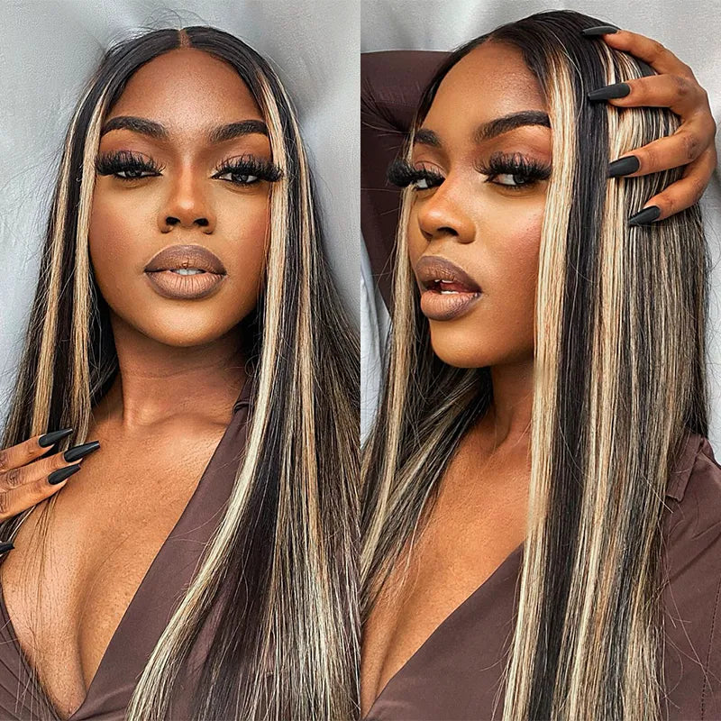 Pull Go 13x4 Lace Wig Blonde Highlights with Black Roots Yaki Straight Hair Pre-Cut Layered Optional Silk Press Golden Twilight Lace Wig