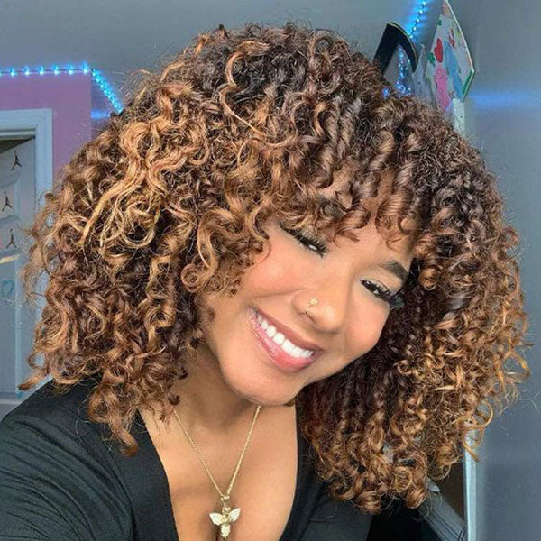 Highlight Human Hair Curly Bob Wig With Bangs