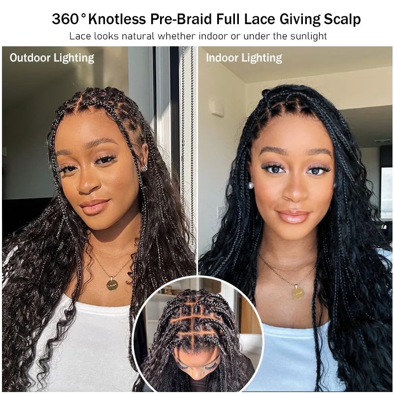 Ombre Color Full Lace Boho Curls Braided Long Wig Pre-braid Lightweight Tiny Knots Scalp