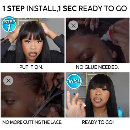 Brown Highlight Bouncy Curl With Bangs Pull Go 3x1 Lace Real Scalp Wig No Glue Pre-Styled Wig