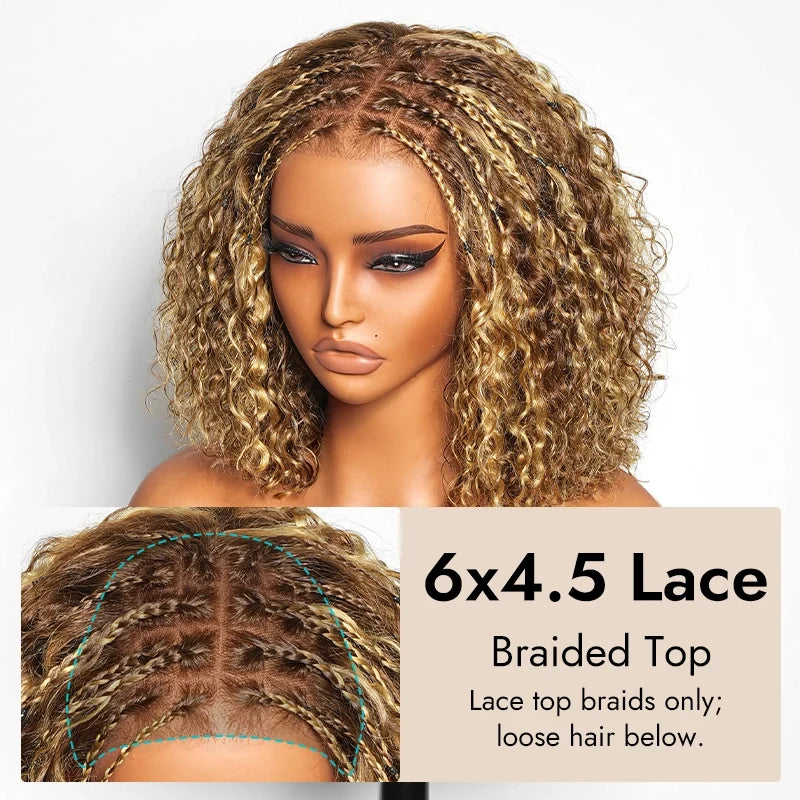 Pre-Braided Blonde Highlight Water Wave Wig 6x4.5 Closure Lace Glueless Pre-Styled Human Hair