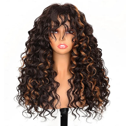 Brown Highlight Bouncy Curl With Bangs Pull Go 3x1 Lace Real Scalp Wig No Glue Pre-Styled Wig