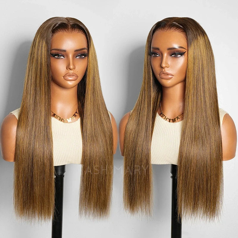 Silky Straight Brown Highlight Ombre Pull Go 13x6 Full Lace Wig Glueless Wig Suits All Heads