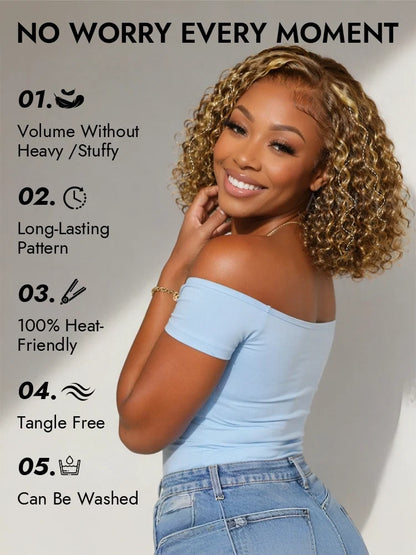 Highlight Water Wave Bob 7x5 Lace Pull Go Wig C Side Part Pre-Styled Short Length Human Hair