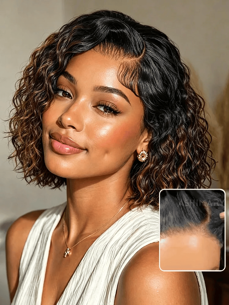 Brown Highlight Natural Wave Bob C Side Part Pre-Everything 7x5 Lace Pull Go Wig Human Hair