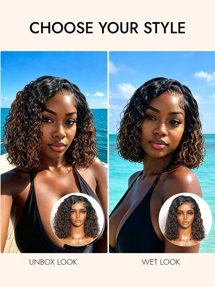 Brown Highlight Natural Wave Bob C Side Part Pre-Everything 7x5 Lace Pull Go Wig Human Hair