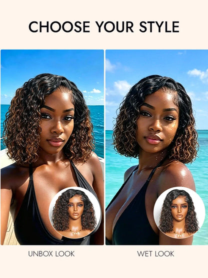 Brown Highlight Natural Wave Bob C Side Part Pre-Everything 7x5 Lace Pull Go Wig Human Hair