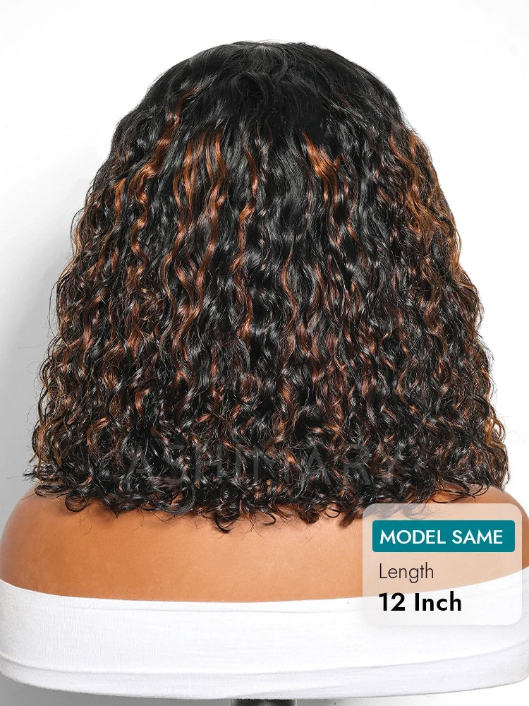 Brown Highlight Natural Wave Bob C Side Part Pre-Everything 7x5 Lace Pull Go Wig Human Hair