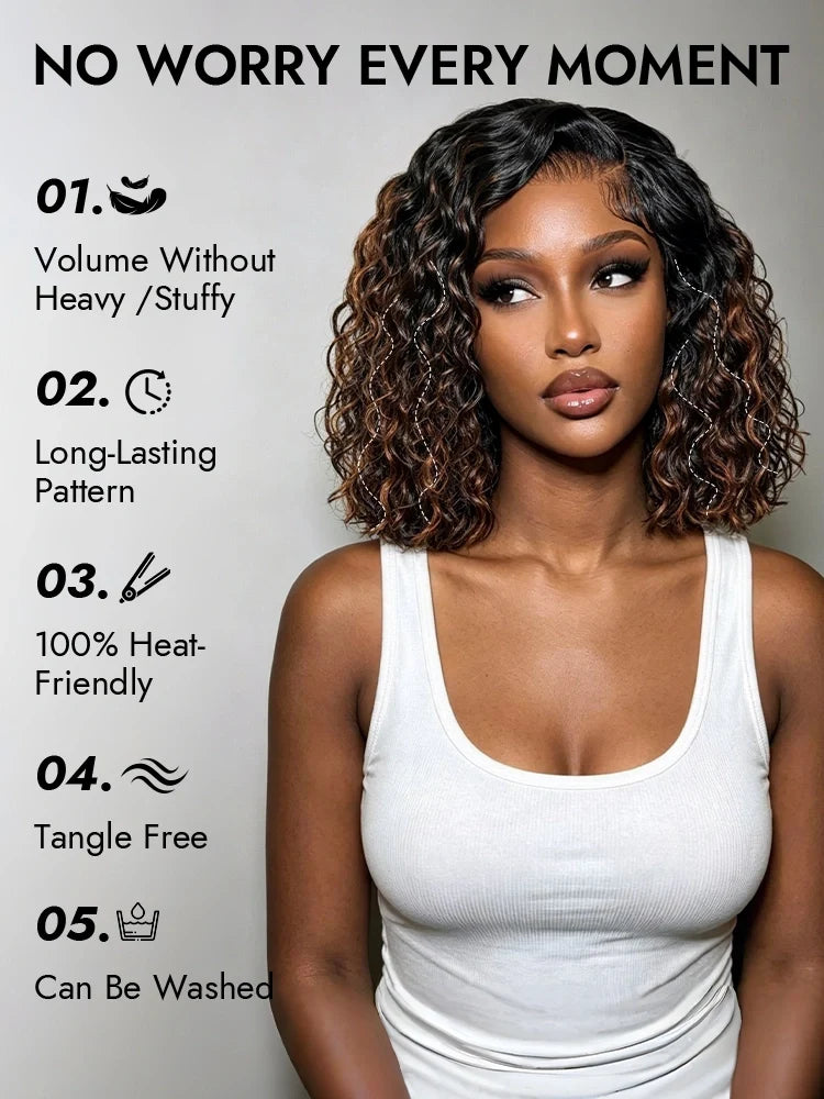 Brown Highlight Natural Wave Bob C Side Part Pre-Everything 7x5 Lace Pull Go Wig Human Hair