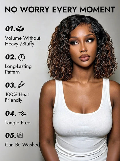 Brown Highlight Natural Wave Bob C Side Part Pre-Everything 7x5 Lace Pull Go Wig Human Hair