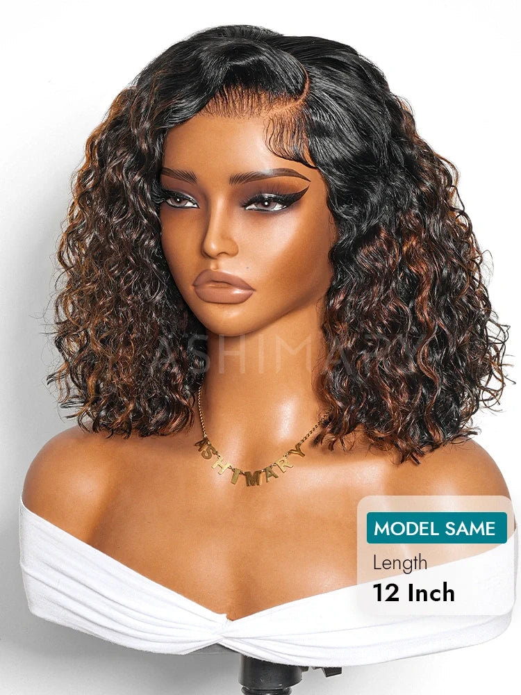 Brown Highlight Natural Wave Bob C Side Part Pre-Everything 7x5 Lace Pull Go Wig Human Hair