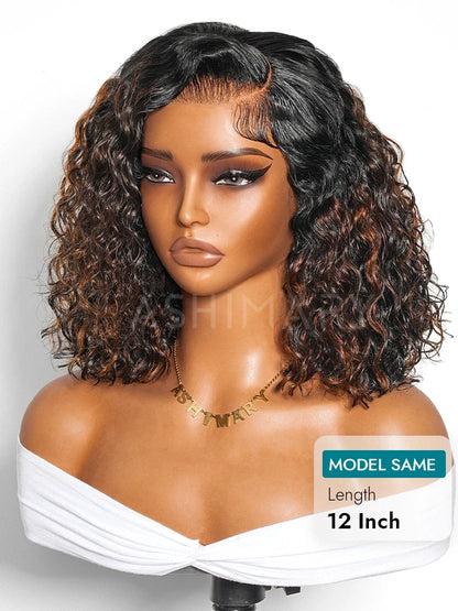Brown Highlight Natural Wave Bob C Side Part Pre-Everything 7x5 Lace Pull Go Wig Human Hair