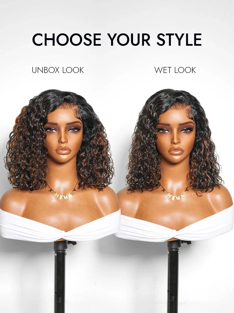 Brown Highlight Natural Wave Bob C Side Part Pre-Everything 7x5 Lace Pull Go Wig Human Hair