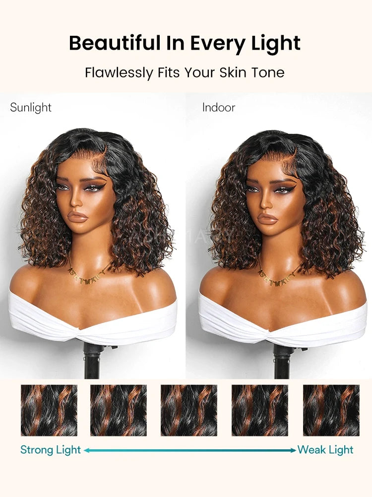 Brown Highlight Natural Wave Bob C Side Part Pre-Everything 7x5 Lace Pull Go Wig Human Hair