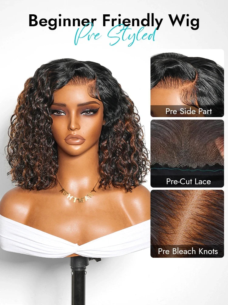 Brown Highlight Natural Wave Bob C Side Part Pre-Everything 7x5 Lace Pull Go Wig Human Hair