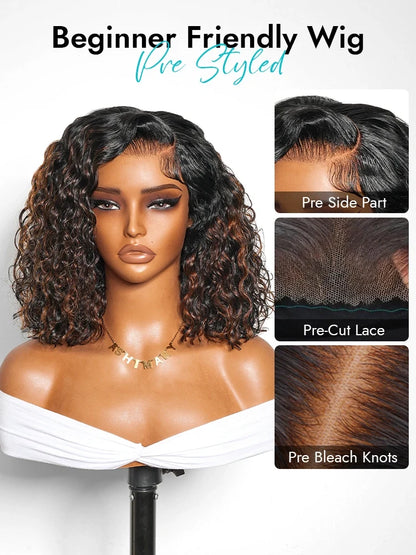 Brown Highlight Natural Wave Bob C Side Part Pre-Everything 7x5 Lace Pull Go Wig Human Hair