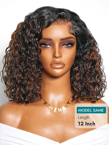 Brown Highlight Natural Wave Bob C Side Part Pre-Everything 7x5 Lace Pull Go Wig Human Hair