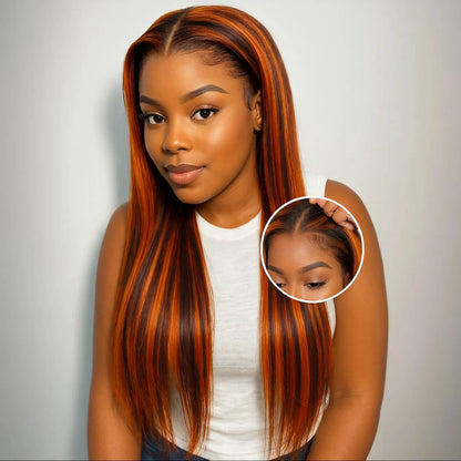 7x5 StayLock™ Contour Structure 720° Snug Fit Brown Mix Ginger Highlight Pre-Everything Glueless Straight Wig
