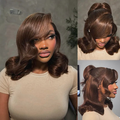 Glueless Pre-Styled Body Wave  Bob Wig Chocolate Brown Ready To Go Layer Wavy Human Hair Wig With Baby Hair