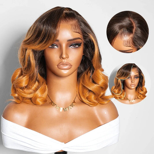 Brown Roots Honey Blonde Glueless Pre-Styled Short Bob Layered Wavy Wig Pre-Everything Salon Free Human Hair
