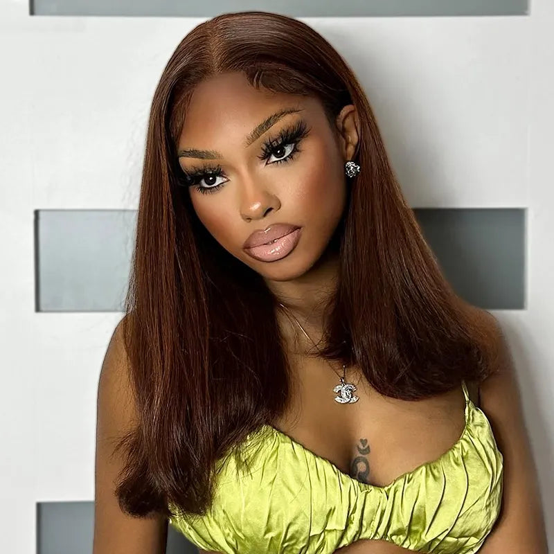 Pull Go 13x4 Lace Bob Wig Rich Brown Yaki Straight Lace Frontal Wig Silk Press Glueless Hair