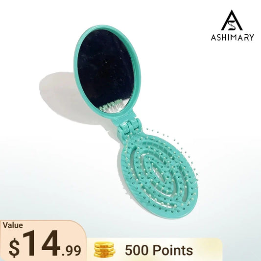 500 Points | Folding Hair Brush with Mirror Portable Compact Hair Brush Easy to Carry