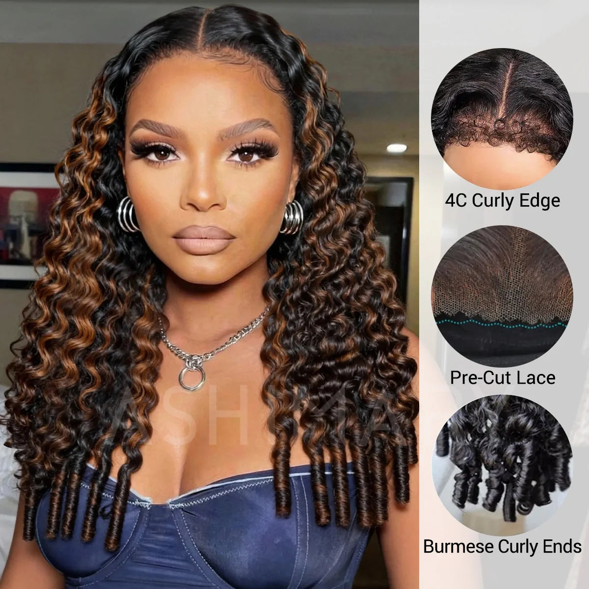 Brown Highlight Burmese Curly Glueless 13x6 Full Pull Go Lace Front Pre-Everything Human Hair Wig