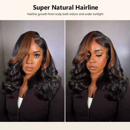 Black Camarel Blonde Highlights Pre-Styled Bouncy Body Wave Glueless Side Part Layer Wavy Bob Wig With Baby Hair