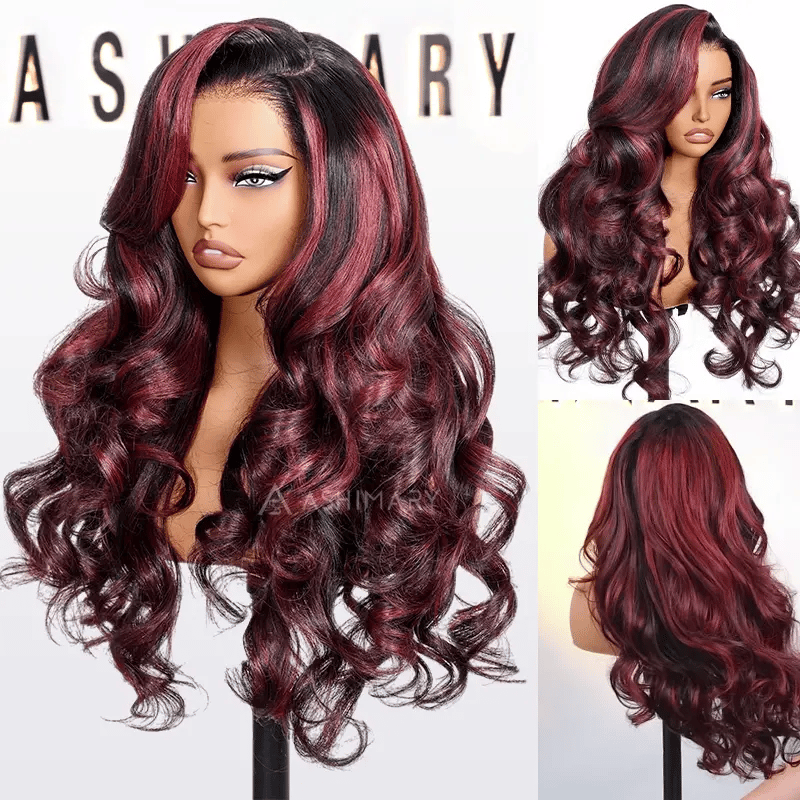 70% OFF | Cherry Red Highlight Layered Cut Body Wave Wig 13x6 Full Pre-Everything Wig Burgundy Highlight
