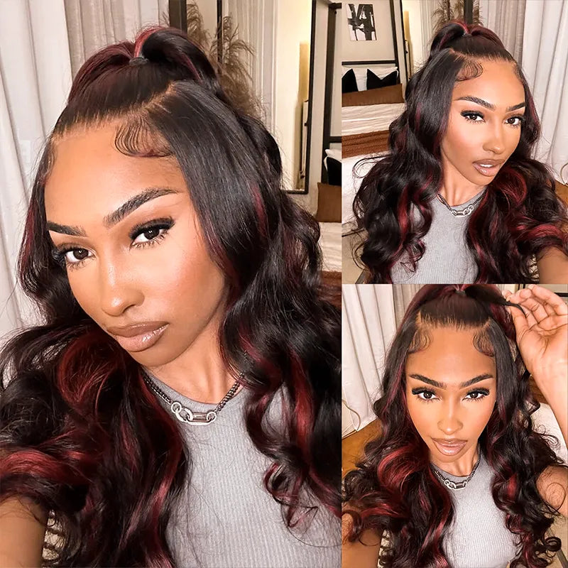 70% OFF | Cherry Red Highlight Layered Cut Body Wave Wig 13x6 Full Pre-Everything Wig Burgundy Highlight