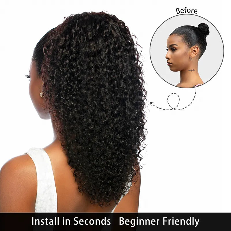 Jerry Curl Seamless Blend Drawstring Ponytail Extension Human Hair Natural Black Curly Ponytail