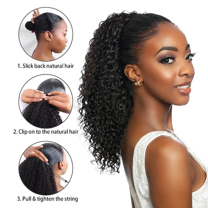 Jerry Curl Seamless Blend Drawstring Ponytail Extension Human Hair Natural Black Curly Ponytail
