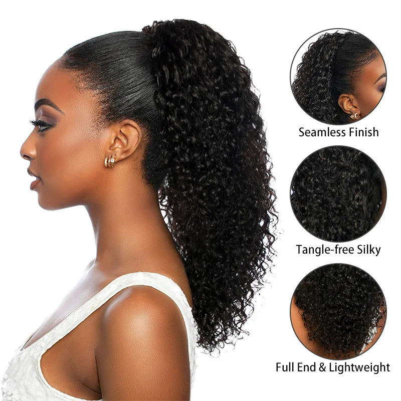 Jerry Curl Seamless Blend Drawstring Ponytail Extension Human Hair Natural Black Curly Ponytail