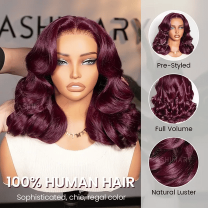 Black Cherry Glueless Pre-Styled Middle Part Short Bob Body Wave Wig Pre-Everything Salon Free Human Hair Wigs
